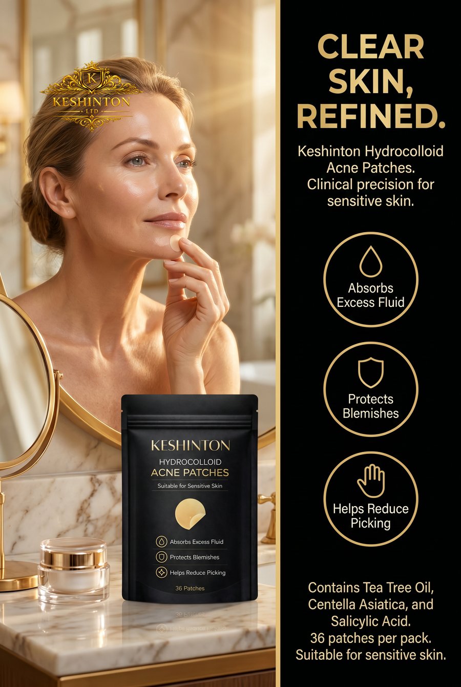 Keshinton Hydrocolloid Acne Patches — Clear Skin, Refined. Absorbs excess fluid, protects blemishes, helps reduce picking. Contains tea tree oil, centella asiatica, and salicylic acid. 36 patches, suitable for sensitive skin.